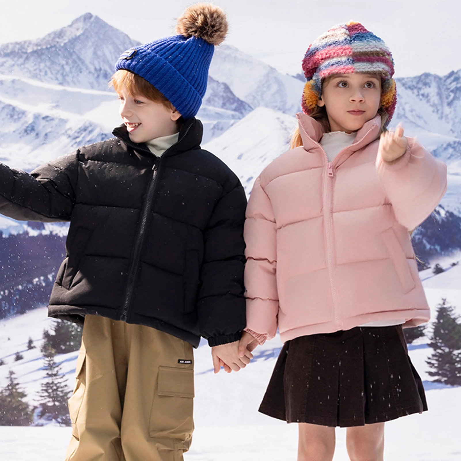 Kids Stand Collar Puffer Jacket,Boys Girls Warm Winter Padded Coat,Children's Casual Outwear,Solid Color Thick Down Cotton Coat