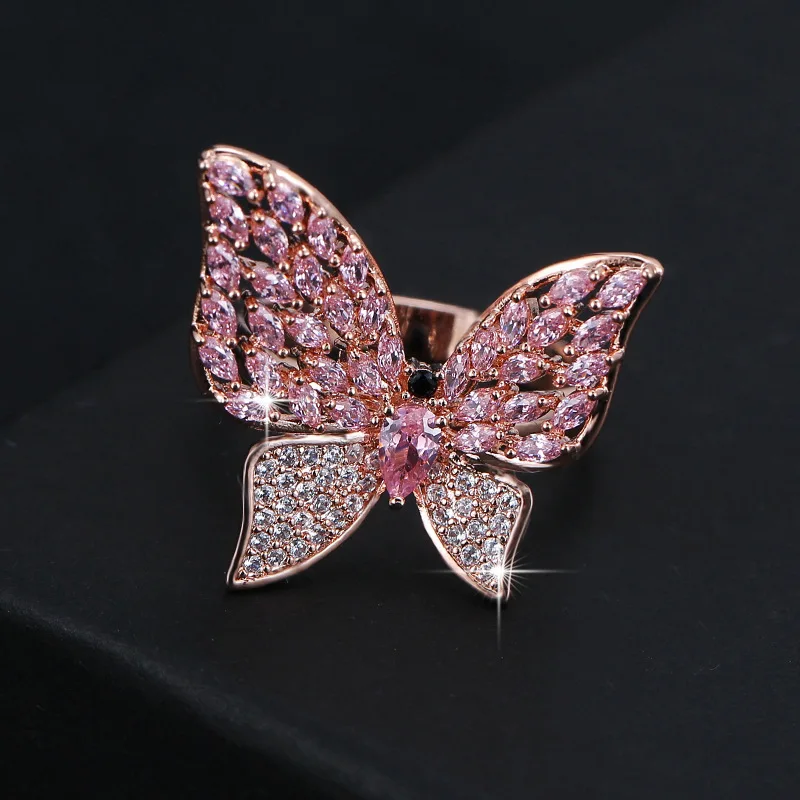 UILZ Korea Cute Girly Pink Butterfly Rings For Women Girls Fashion Rose Gold Plated Wedding Ring Party Jewelry