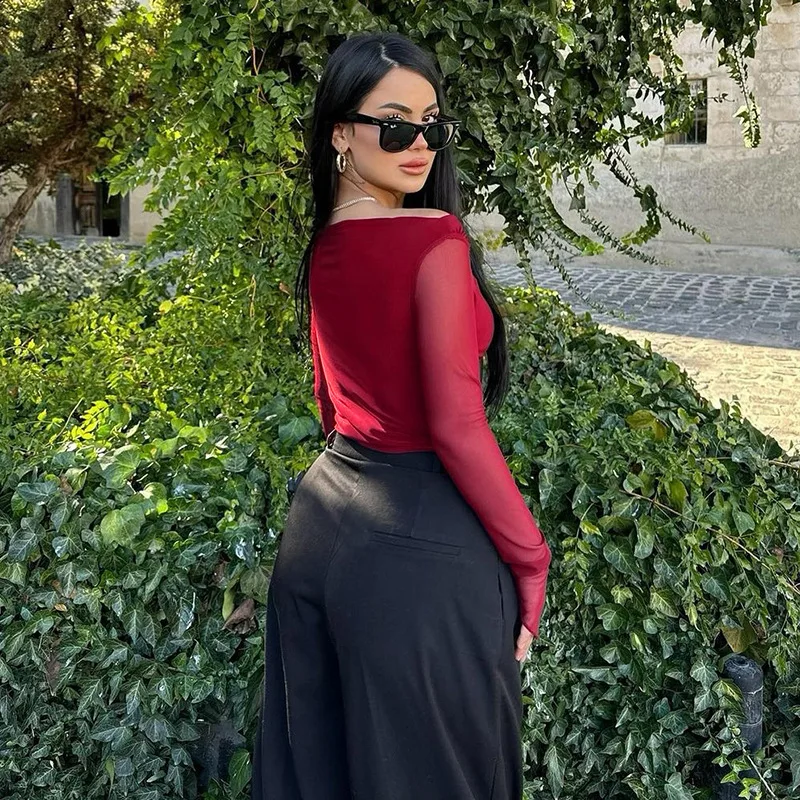 

XY24548 Осень 2024, новый модный элегантный облегающий асимметричный сетчатый топ с длинными рукавами на плечах для женщин