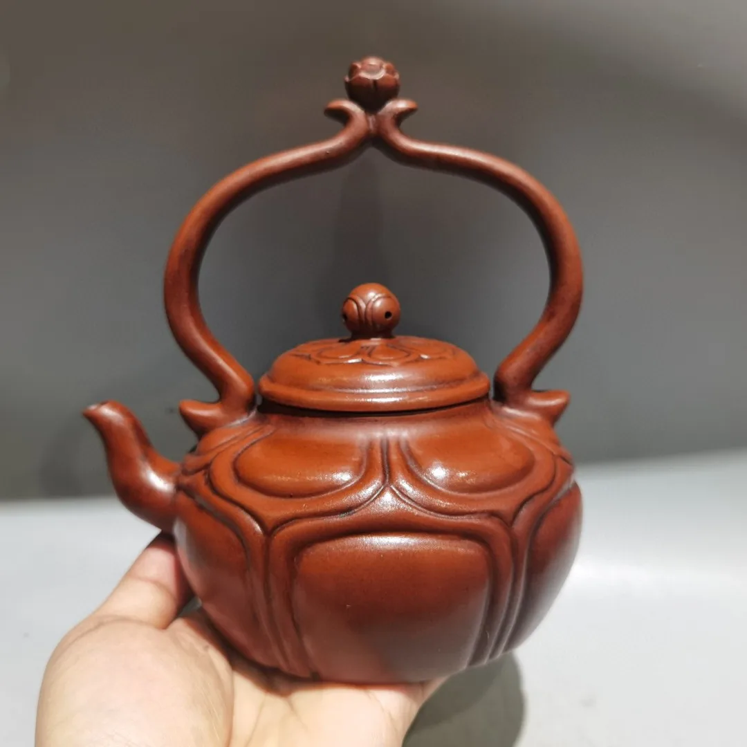 

7"Chinese Yixing Purple Clay Pot Lotus Beam Pot Lotus pattern Pot kettle Teapot flagon red mud Gather fortune Ornaments