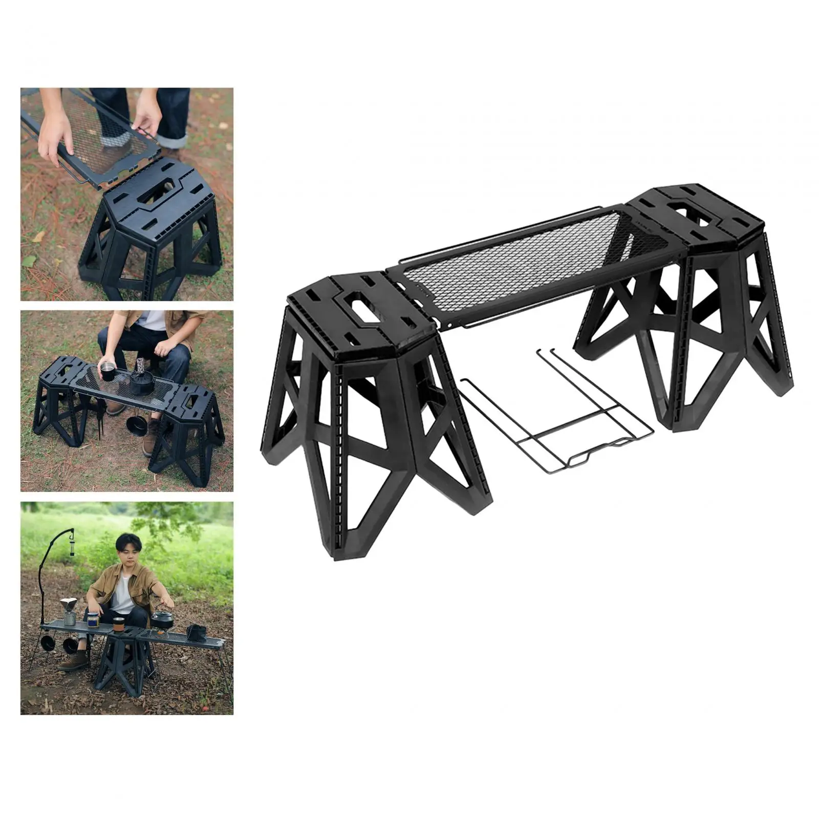 Outdoor Multifunctional Folding Table Grid Table Stool Side Hanging Table Portable Foldable Iron Storage Rack for Camping Picnic