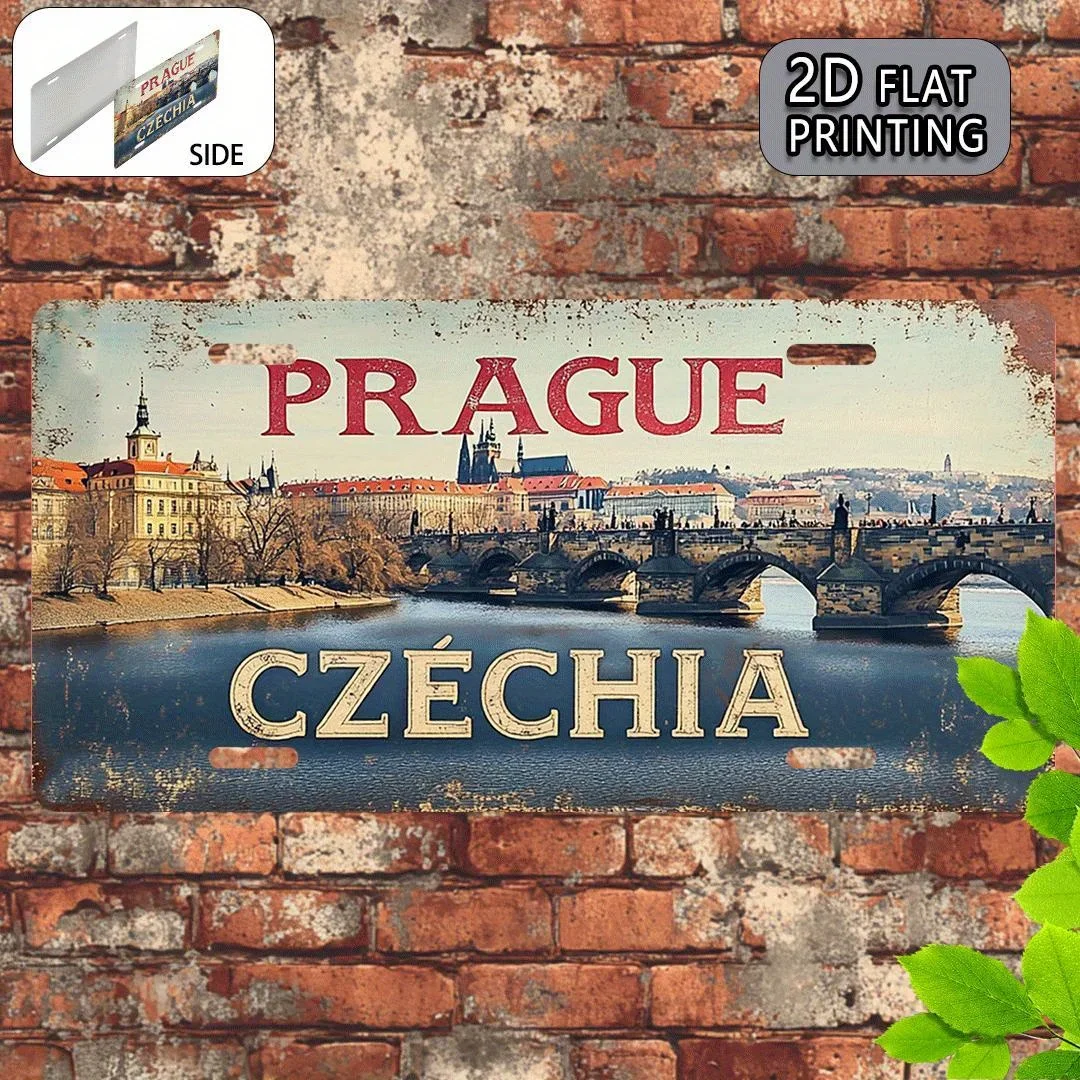 2D Flat Rustic Prague Aluminum Sign, Czechia License Plate Style Wall Art Featuring Charles Bridge & Prague Castle