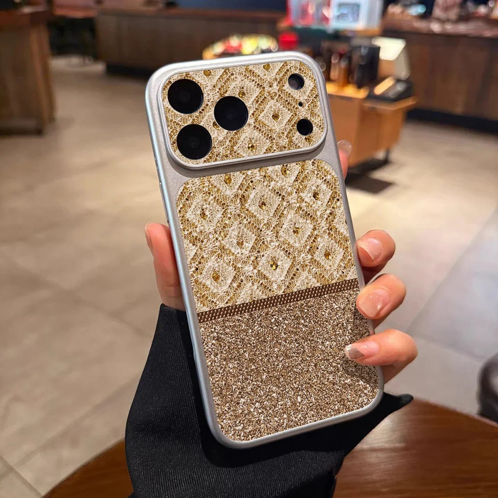 Gold Lace With Glitter Accents Pattern Phone Case For iPhone 18 Pro Max 17 15 Pro 16 14 13 Pro 12 11 Faux leather with lanyard view 3