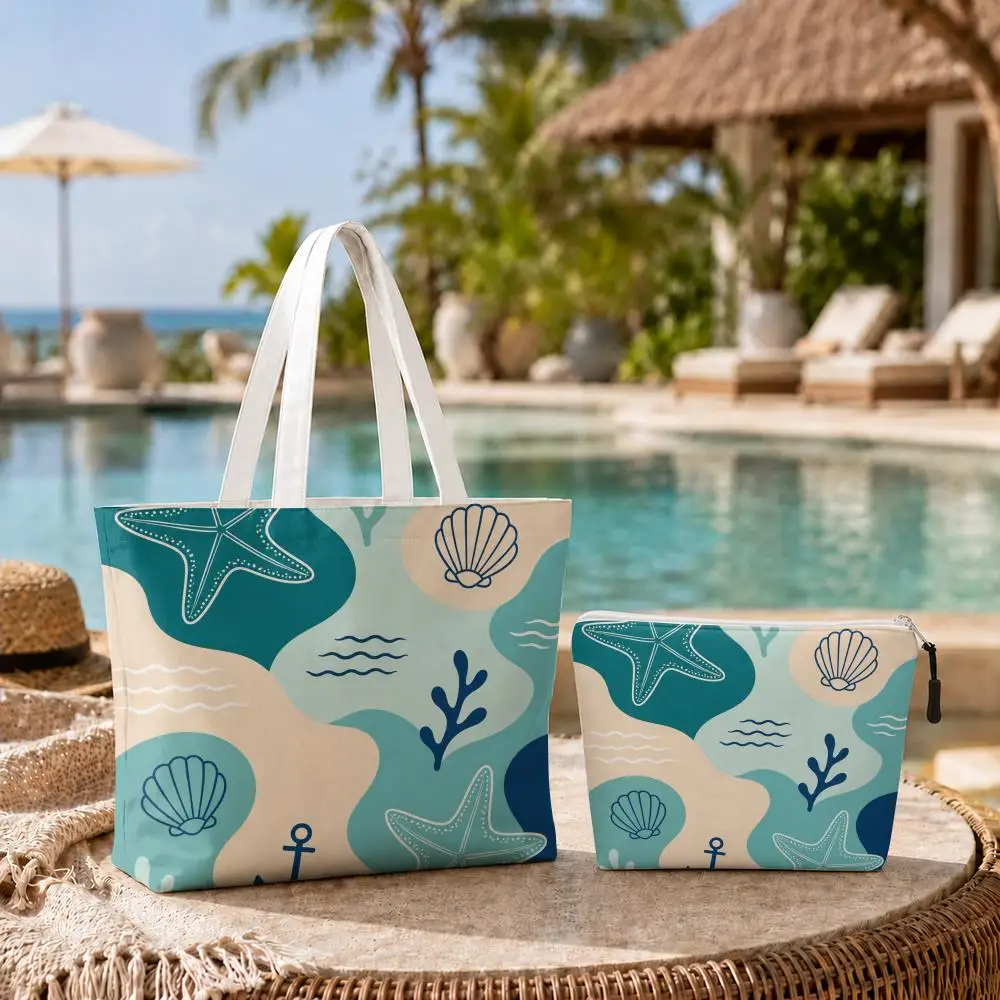 Ocean Pattern Storage Bags 2-Piece Set Double-Sided Print with Zipper Canvas Eco Tote Bag for Beach Travel Picnic