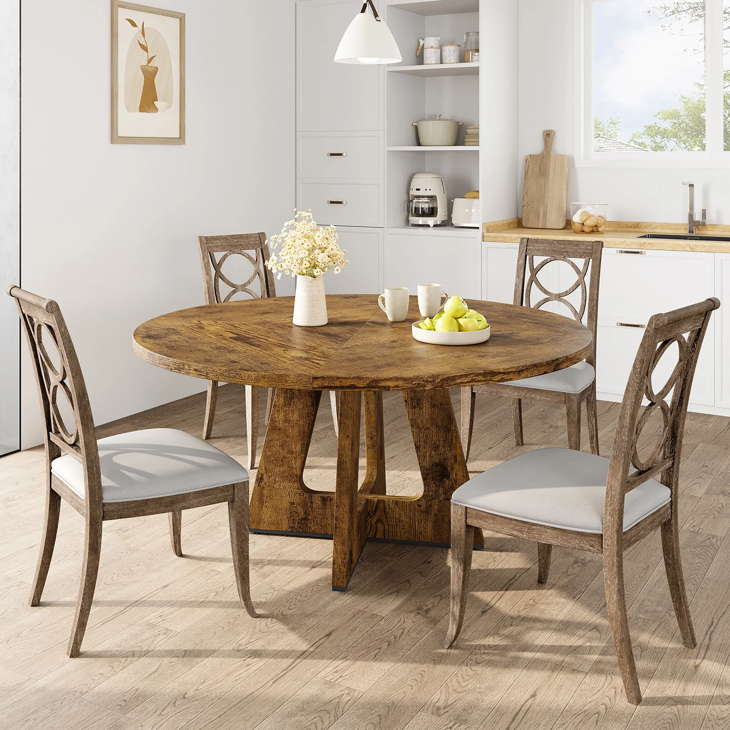 Mesa de Comedor Redonda de 47 Pulgadas para 4-6 Personas, Mesa de Madera con Base de Pedestal para Comedor, Cocina (Solo Mesa)