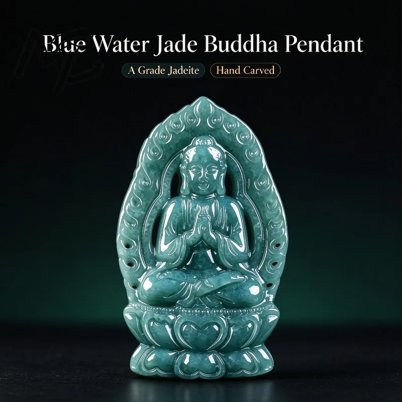 Natural A Grade Burmese Blue Water Jadeite Pendant Hand Carved Sakyamuni Buddha Amulet Jade Buddha Necklace Charm Jewelry Gift
