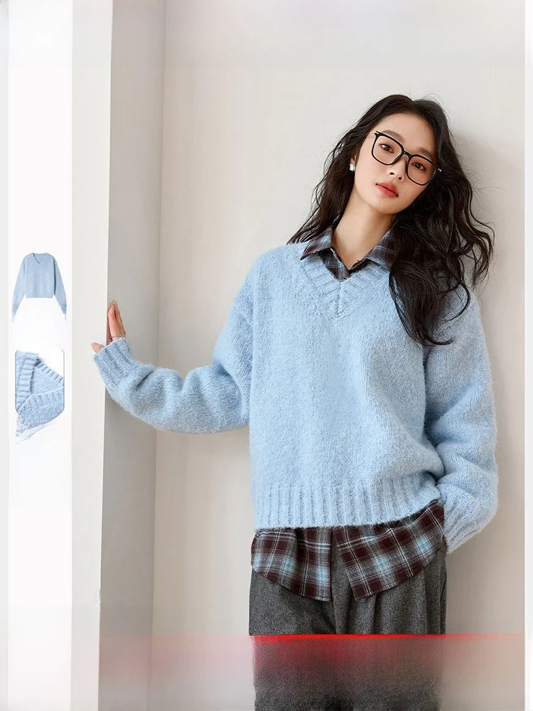 

Thi Knitted Wool Blend Loose Women's Sweater V-Ne Long Sve Winter New Sle Faionable Versatile Knitwear Top