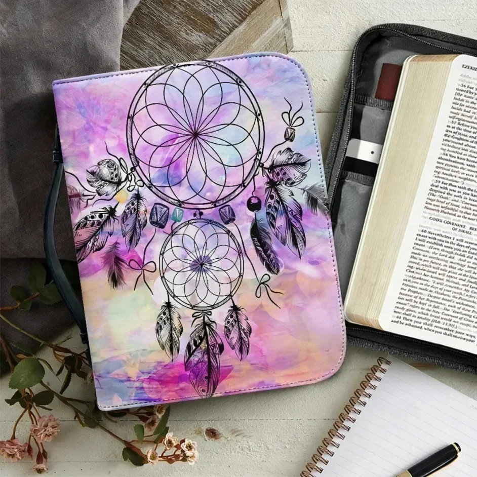 

PU Leather Bible Bag for Women Colorful Wind Chime Pattern Print Bible Cover Case Zippered Handle Handbags Bible Storage Bags