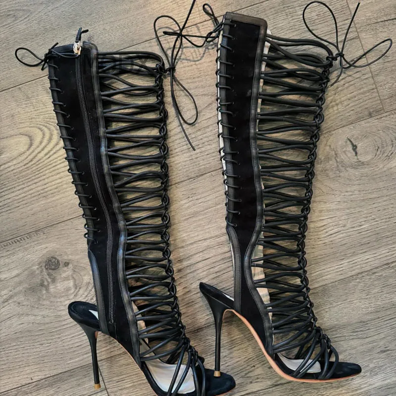 

2025 Womens Sandals Size 44 Ladies Lace Up Sandals Shoes Strap Up Toe Sexy High Peep Toe Heels Knee High Sandals