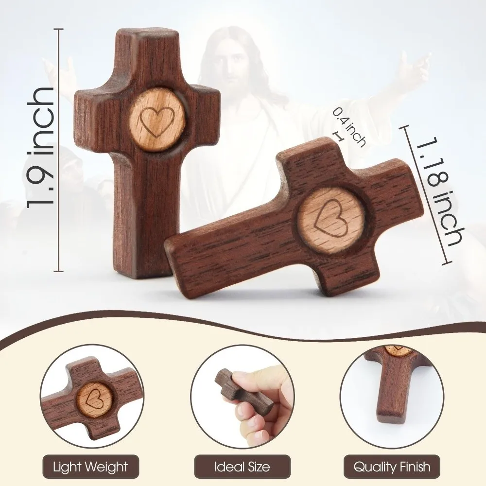 Walnut Wood Wooden Cross Stress Relief Spiritual Symbols Pocket Cross Fidget Heart Pattern Multi-functional Pocket Crosses