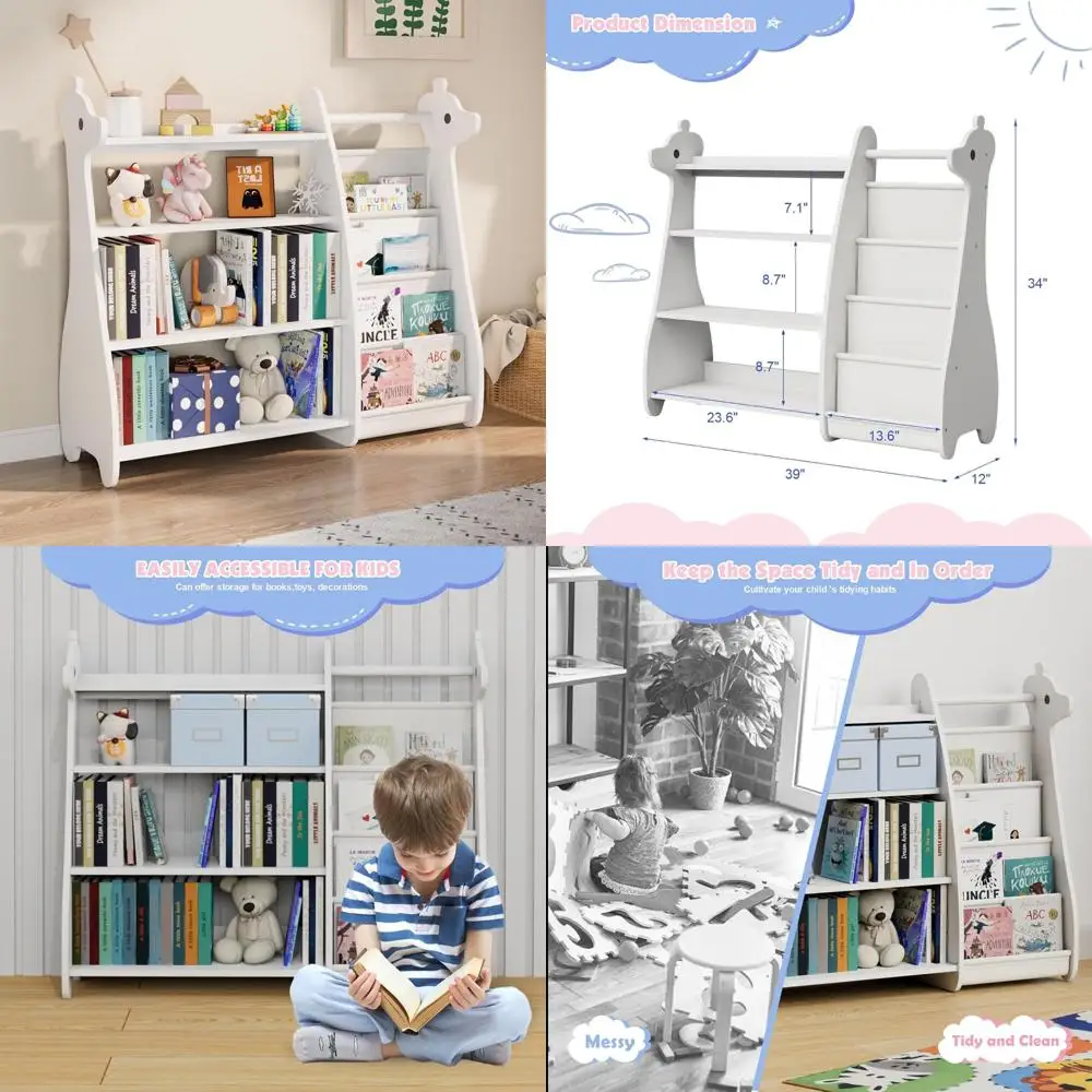 Rak buku anak 4 tingkat - penyimpanan gaya sling putih untuk buku dan mainan balita di ruang bermain