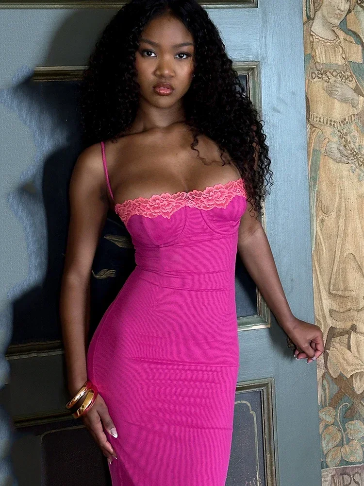 Robe Maxi moulante en dentelle pour femmes, bretelles Spaghetti, Patchwork, mode, sans manches, dos nu, Sexy, robe de soirée élégante