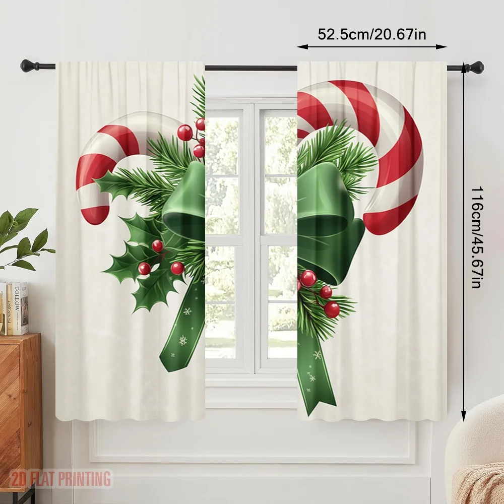 2pcs,2D plane printing Curtain Fabric Christmas Candy Cane Ribbon Berry (2) Polyester Woven (without rod) Outdoor Decorations