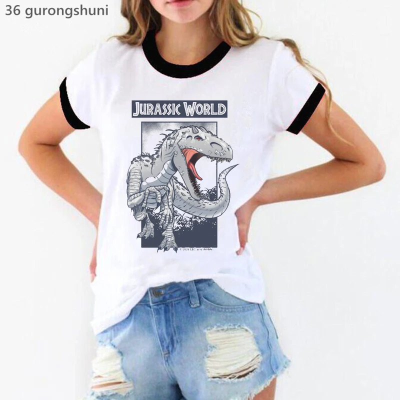 New Arrival 2024 Jurassic World Print Tshirt Girls Harajuku Kawaii Clothes Dinosaur R-Rex T Shirt Women Summer Fashion Tops Tee