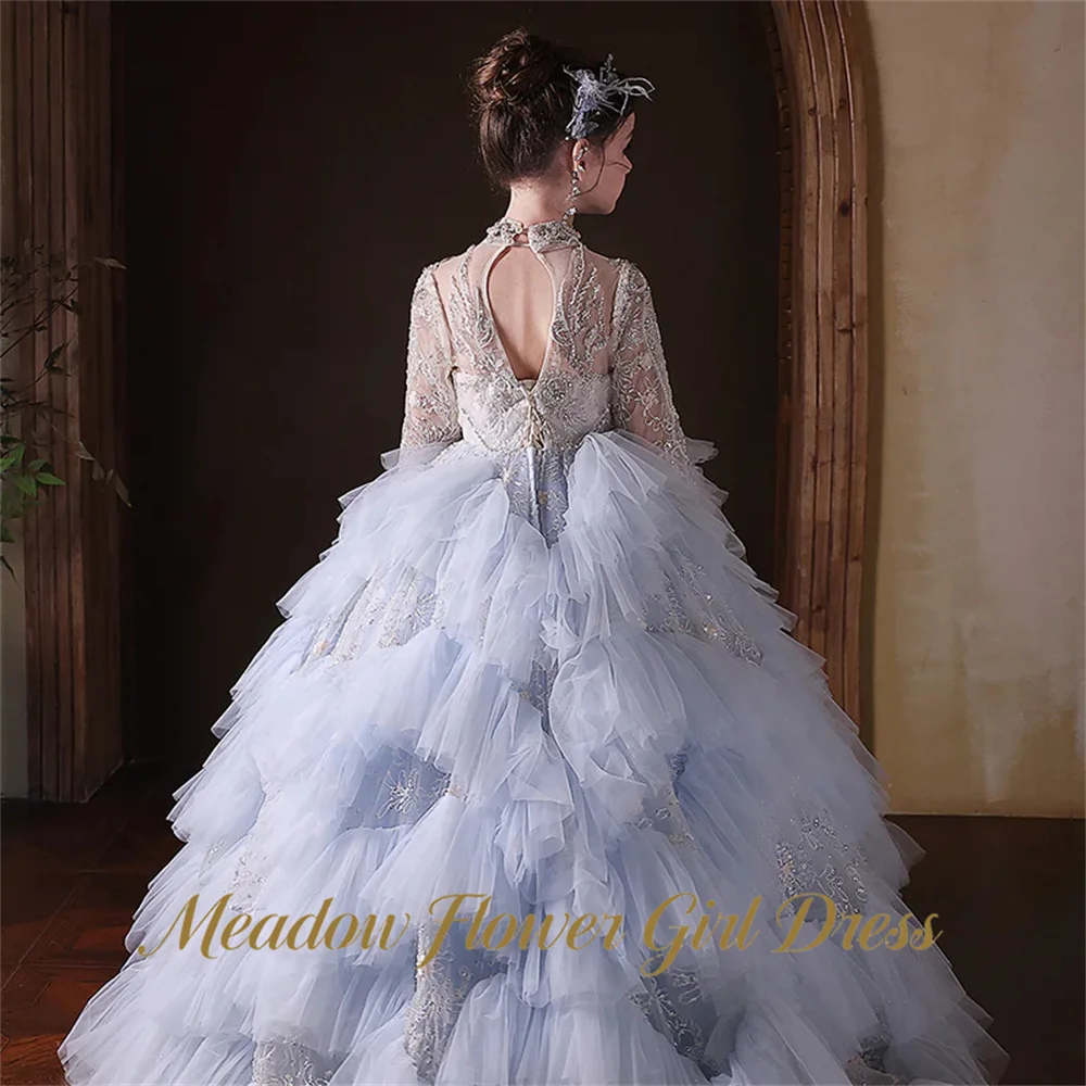 Meadow Light Blue Tutu Fluffy Prom Gown High Neck Cut Out Elegant Kids Girl Birthday Party Dress Full Sleeve Flower Girl Gown