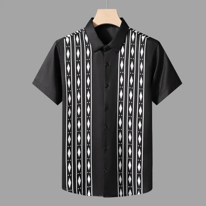Men's shirt with geometric vertical print short sleeved shirt, casual lapel trendy shirt, summer vacation men's shirt XS-6XL