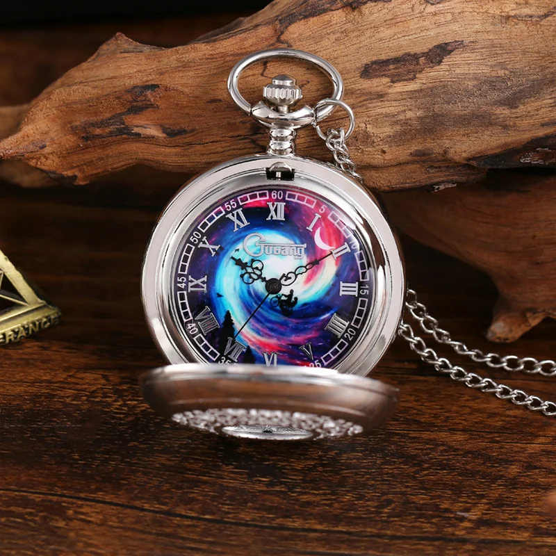 10pcs/lot New Fashion Silver Starry Sky Hollow Retro Pocket Watch Creative Gift Necklace Clock Chain Watches Birthday Gifts
