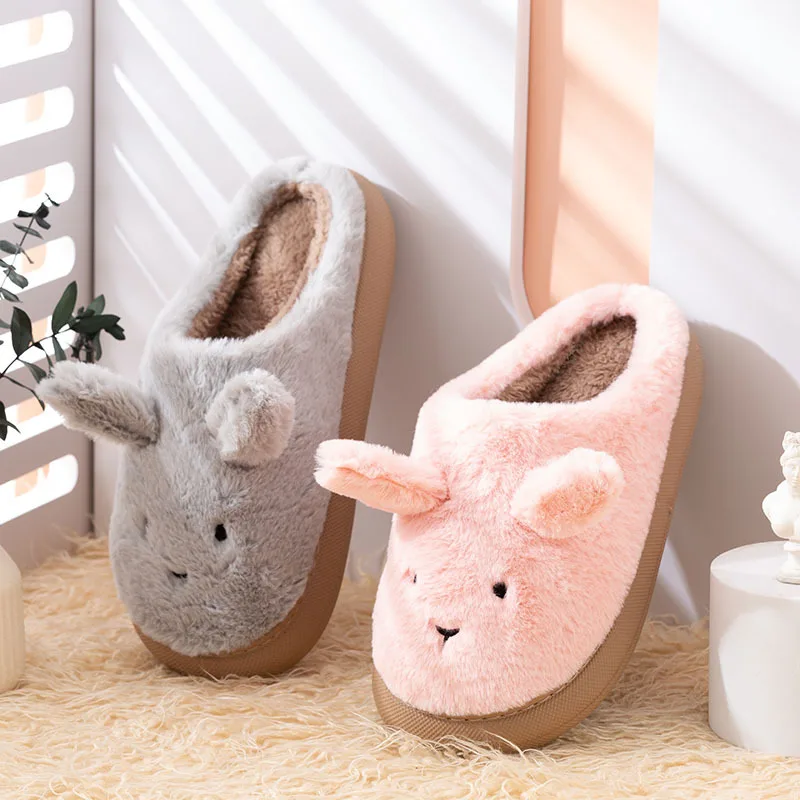 

2023 Women Warm Platform Slippers Cute Cartoon Rabbit Winter Shoes Anti-slip Soft Plush Couples Indoor Home Floor Cotton Slides