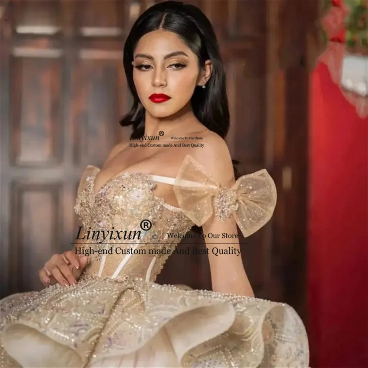 Gold Off The Shoulder Quinceanera Dresses Ball Gown Princess Crystal Beading Corset Sweet 16 Bow Ruffles Vestidos De 15 Años