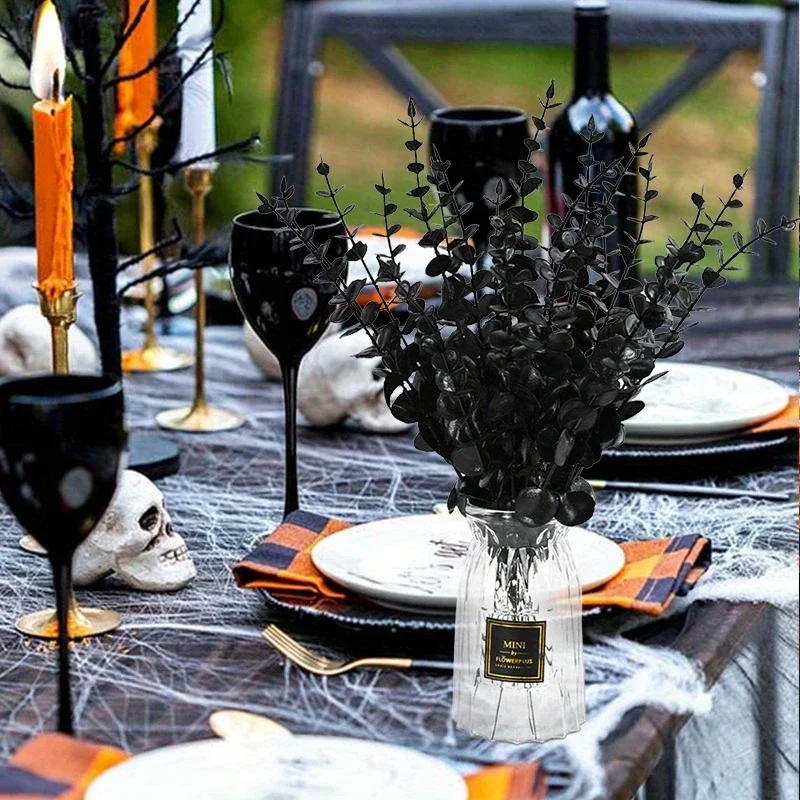 10, künstlicher Pflanzenstrauß mit schwarzem Eukalyptusstengel für Halloween – perfekt für Heimdekoration – Halloween, Weihnachten, Ostern – Detail 4