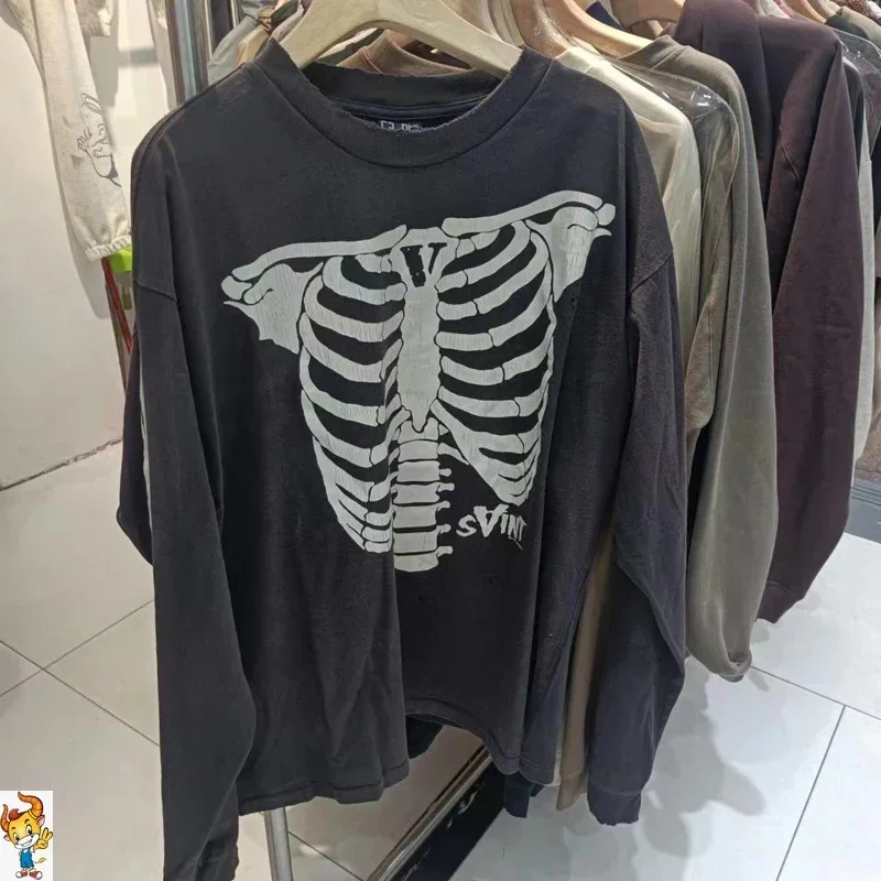 Vintage Cracked Skulls Skeleton Print long sleeve Saint T-Shirt Men Women Best Quality Hip Hop Hole Damage T Shirt Top Tee