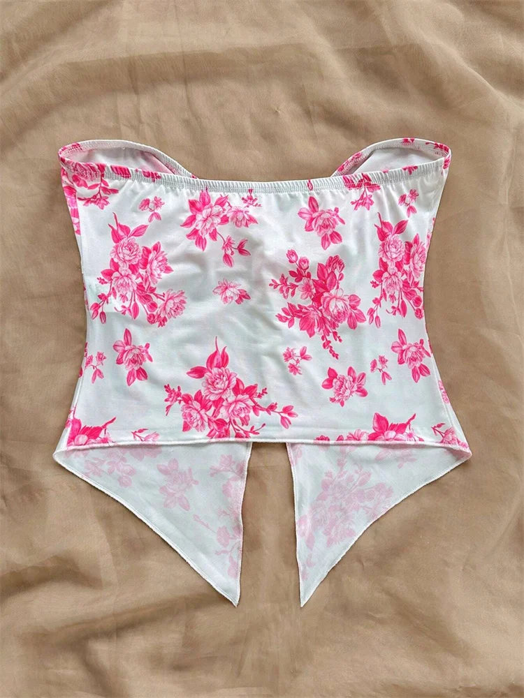 الأزهار طباعة تويست عقدة المحاصيل الأعلى للنساء الصيف مثير قبالة الكتف Ruched صديرية دائرية تانك القمم الشارع الشهير Y2K الملابس #2