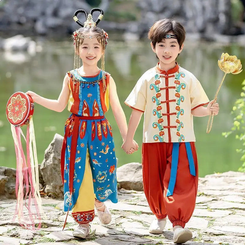 Summer Girls Hanfu Dress Dunhuang Print Performance Costume Tang Suit