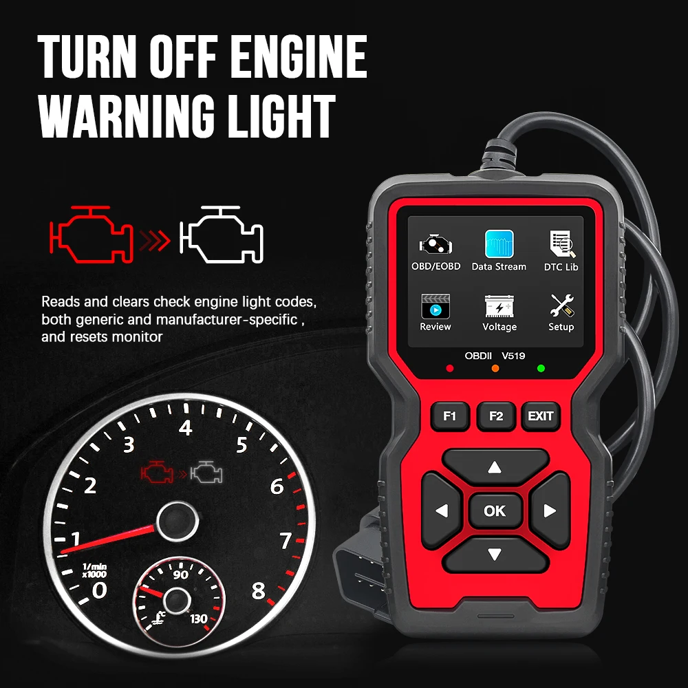 V519 OBDII Code Reader Live Data Read Clear DTC O2 Sensor Diagnostic Tool Voltage Tester Check Engine OBD Car Scanner