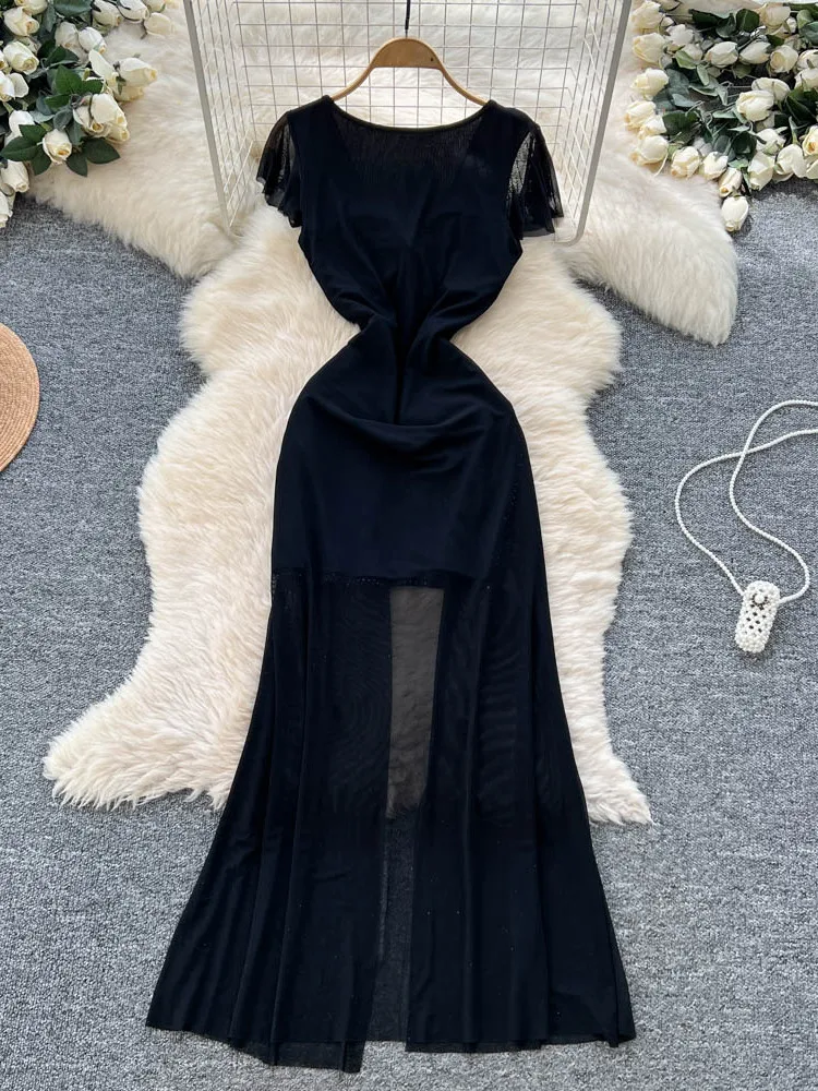 夏の女性の半袖メッシュドレスハイウエストAラインスカートデザインスパンコールパッチワークエレガントロングドレス通勤韓国スタイル