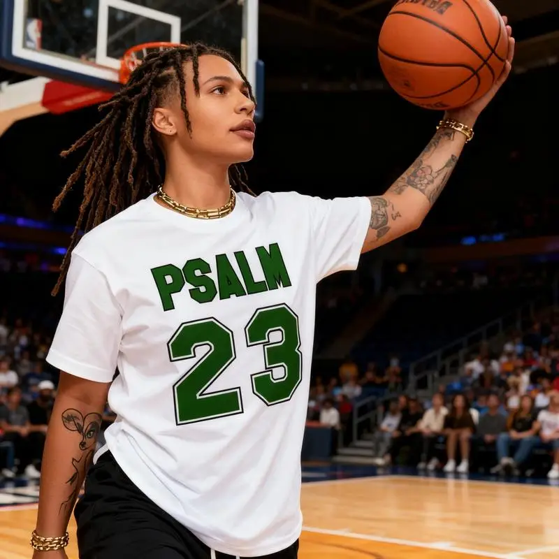 Women's Psalm 23 Bold Graphic Sports Top - Premium Soft Cotton, Short Sleeve, Classic Crew Neck, Bold Green Print, Breathable, Loose-Fitting, Multi-Size Plus Size, Casual Wear, Machine Washable, Party Gifting Essential, General
