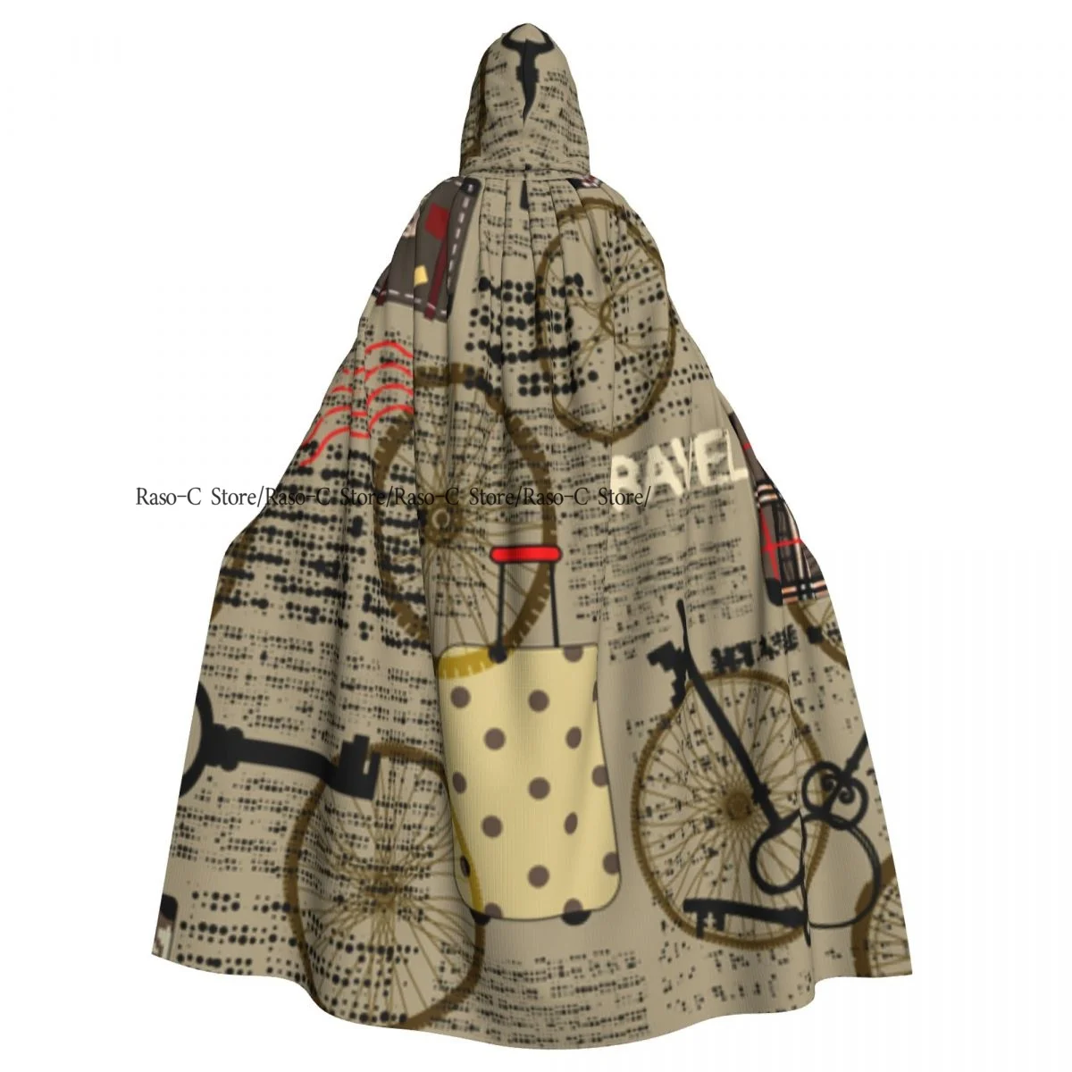 Newspaper Suitcases Retro Hooded Cloak Polyester Unisex Witch Cape Costume Accessory