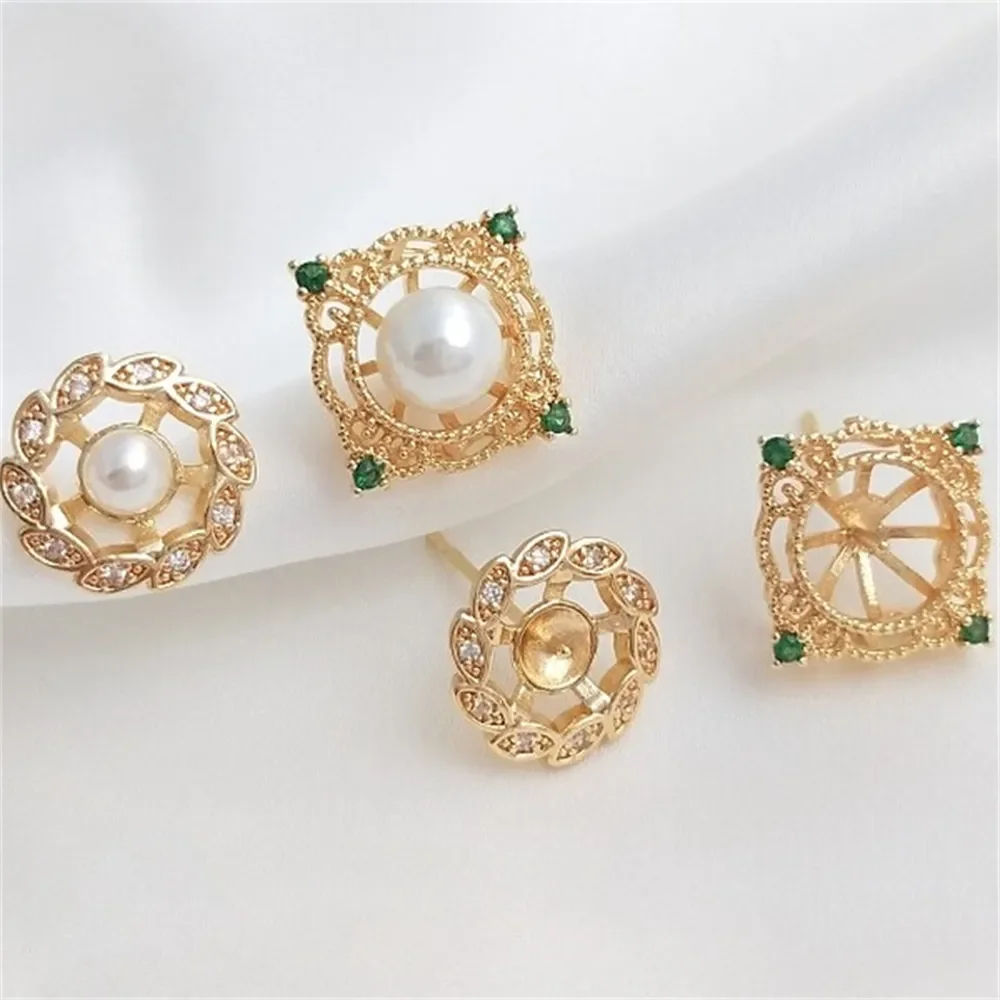 

14K Gold-Color Zircon Lace Round Square Inlaid with Sticky Beads S925 Silver Pin Stud Earrings Handmade Diy Earrings E087