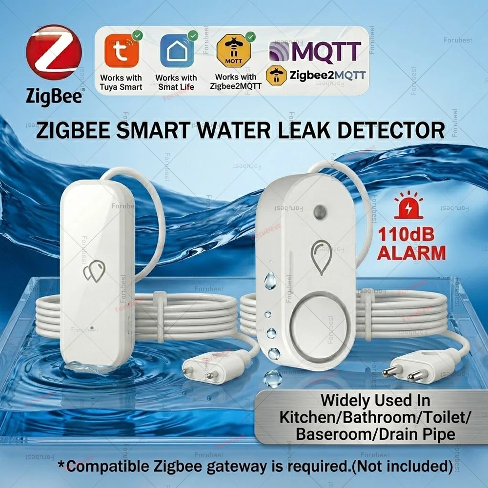 Tuya Zigbee Water Leak Sensor with 110dB Siren Alarm,Smart Life Flood Detector,Water Leakage Alert,For Zigbee2MQTT Need Gateway