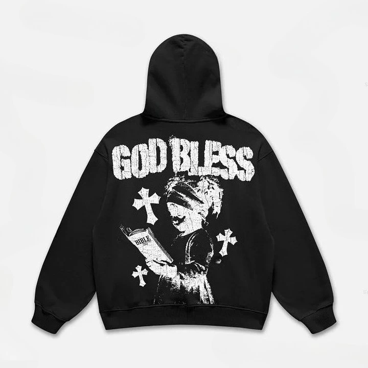 God Bless Children's Prayer Graphic Print Hoodies Unisex High-quality Top Vintage Autumn Winter Men Women Retro Y2K Harajuku Top