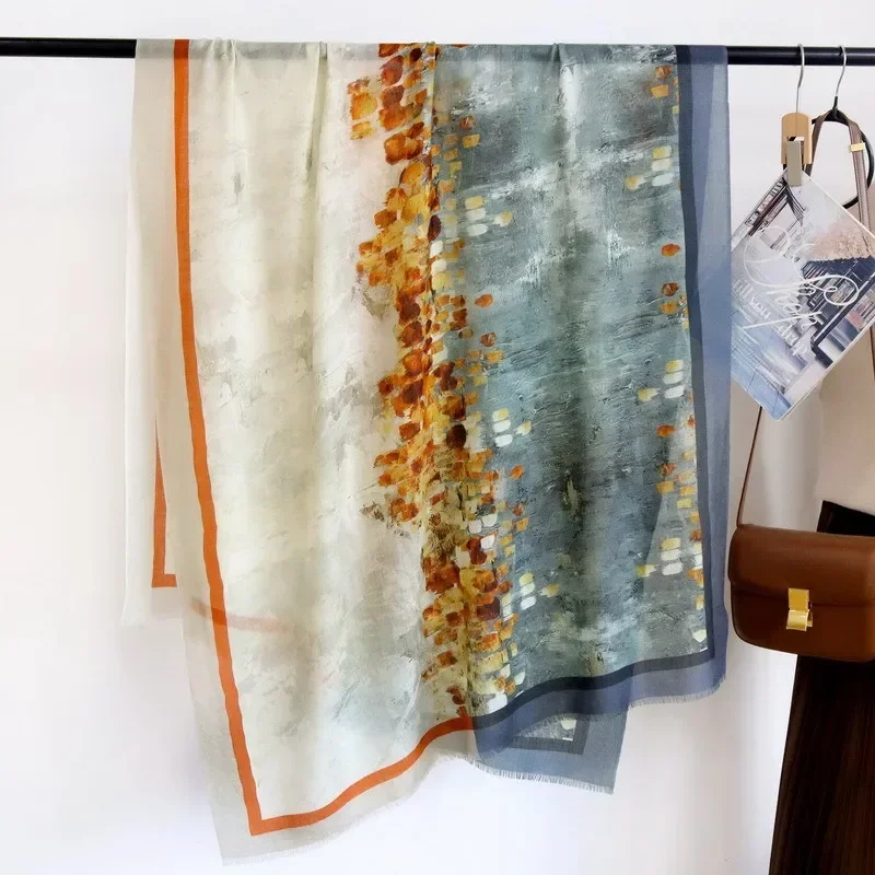 

High-end Elegant Women Exquisite Glory Years Oil Painting Print Quality Water Soluble Wool Handmade Fringe Soft Warm Long Scarf