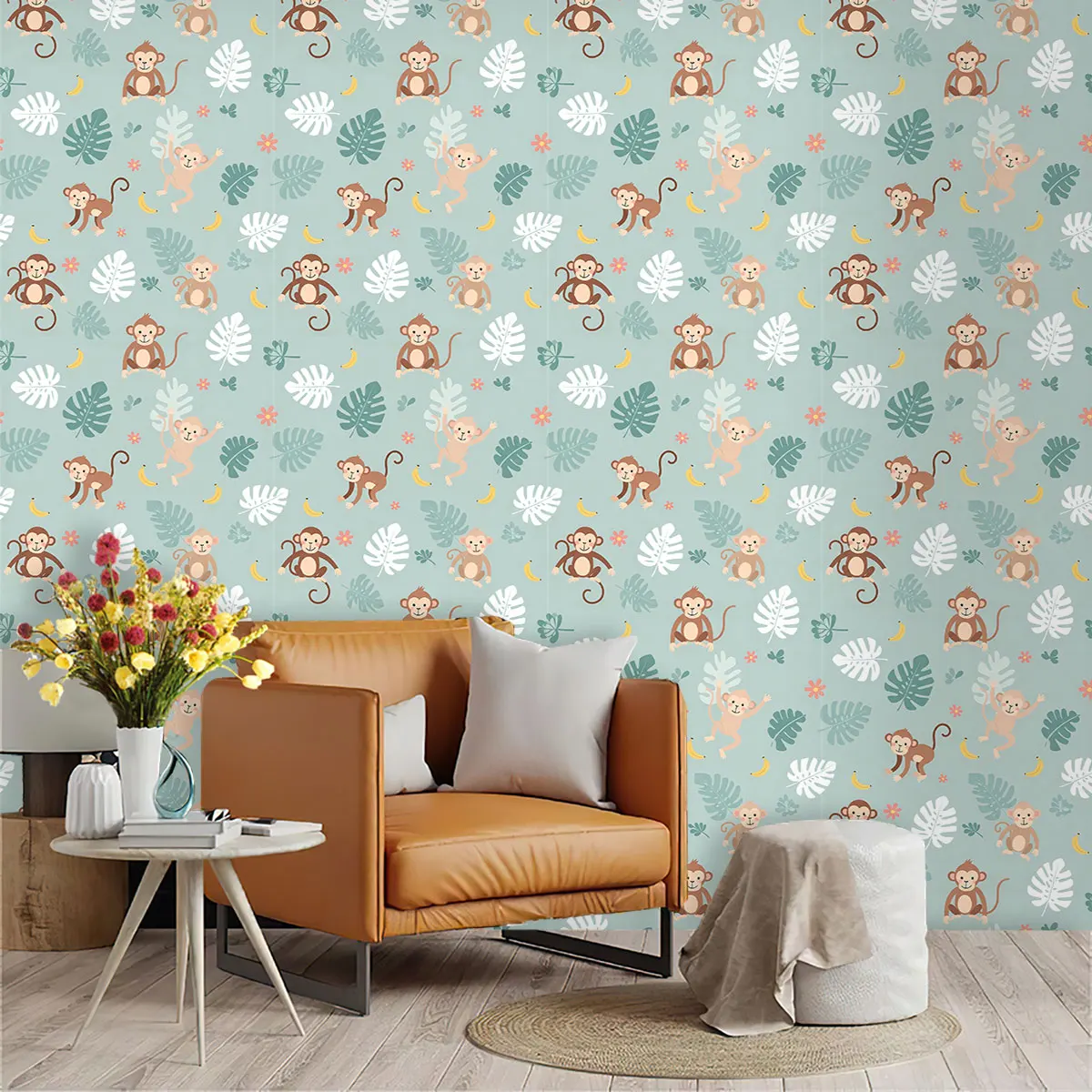 1 Roll Cartoon Monkey Print Self-adhesive Circular Wallpaper for Living Room, Bedroom, Cabinet, Fashionable Stickers