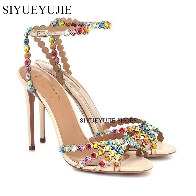 Red Rhinestone Luxury Sandals Round Toe Thin High Heels Open Toe Buckle Strap Sandals Hottest Fashion Sexy Summer Women Shoes