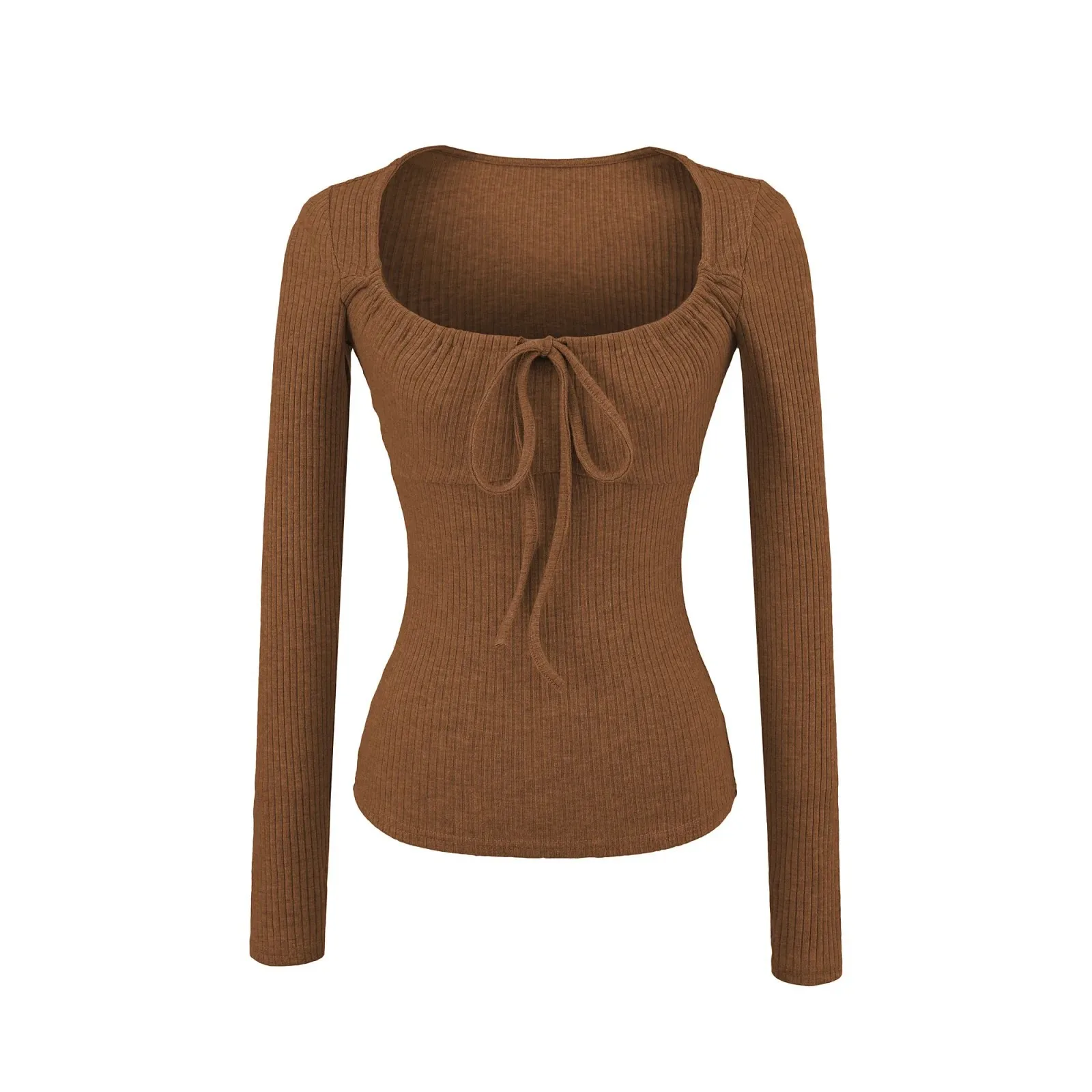 American-style sweet and spicy square-neck long-sleeve top with exposed collarbone spring new model with chest tie slim-fit TJEU