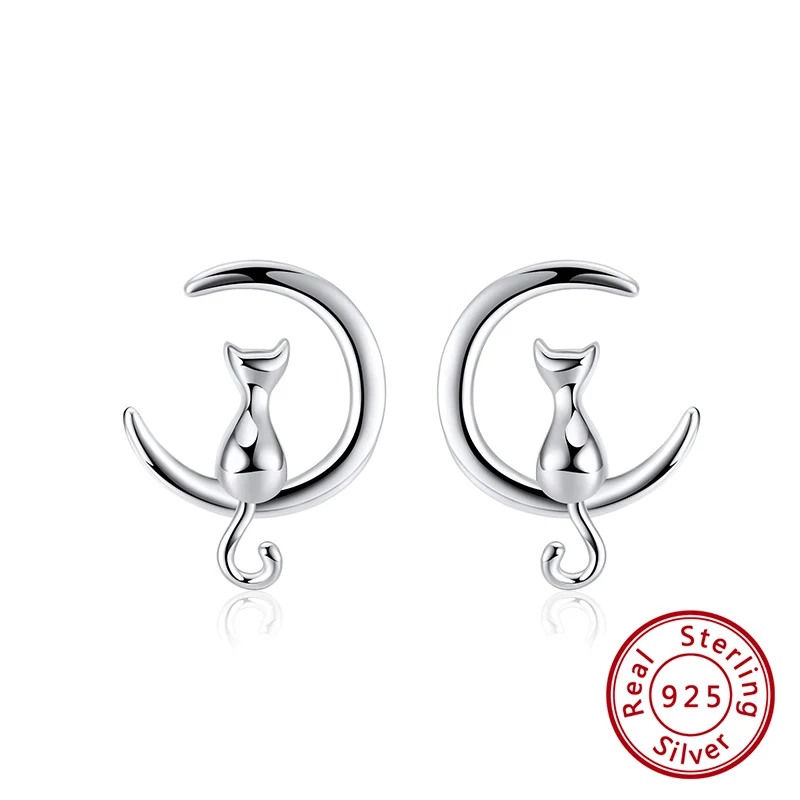 KISS MANDY 925 Sterling Silver Stud Moon Shape Cat Earrings Luna Design Cute Ear Drop for Women Jewelry Birthday Gift SE329