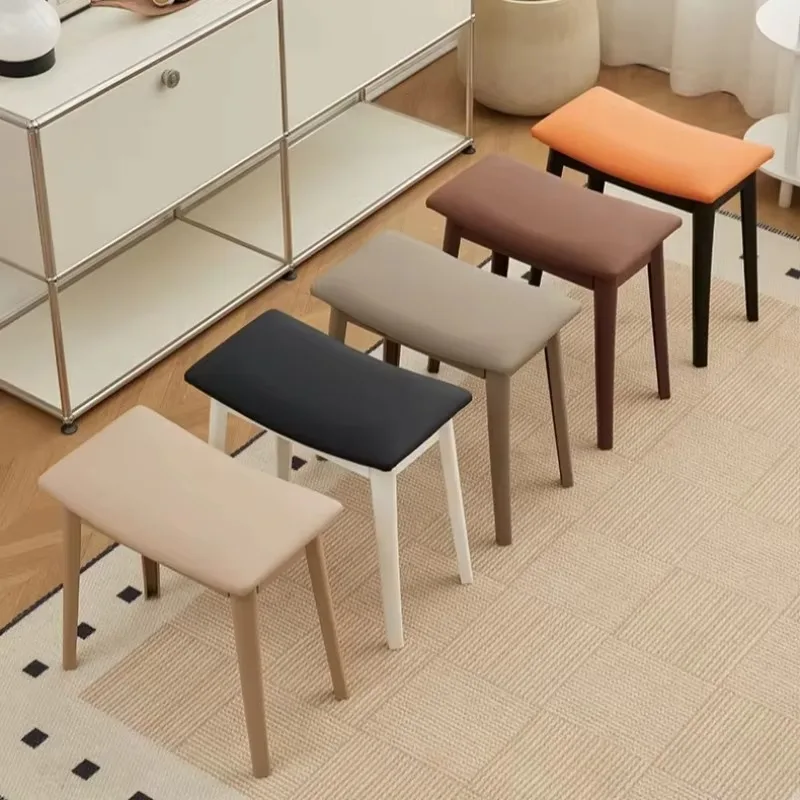 Curved Leather Low Stool Simple Home Dressing Entryway Shoe Changing Bench Square Makeup Stool for Girls Bedroom
