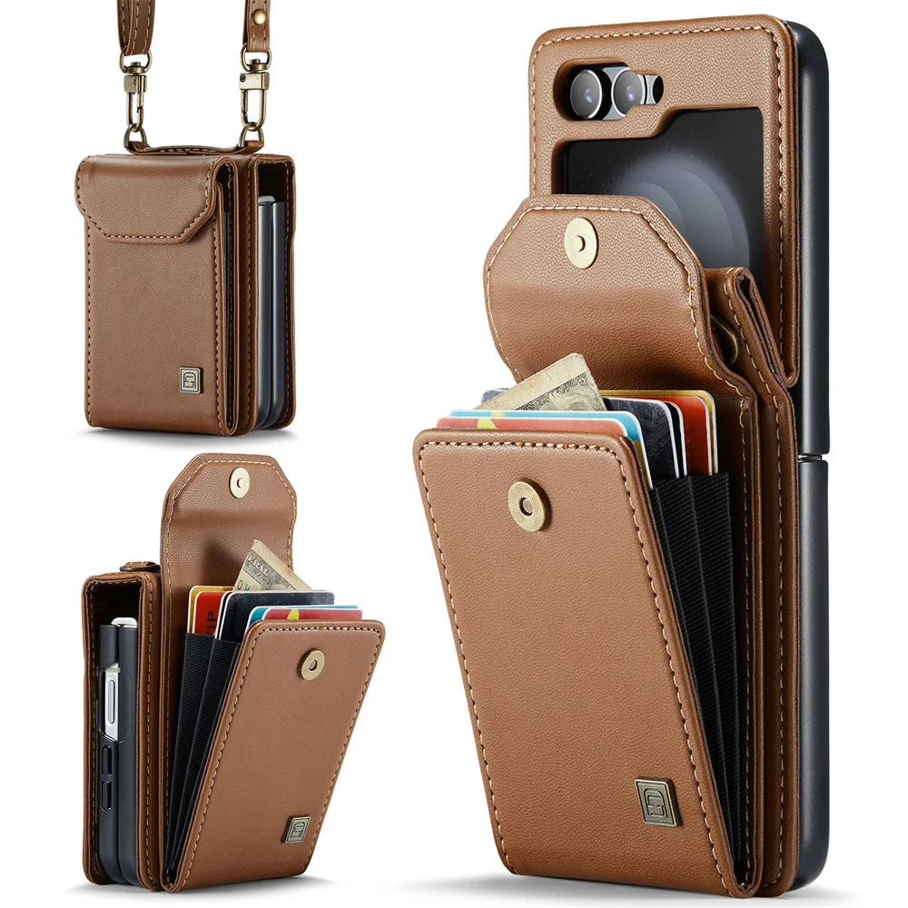 AUTSPACE Luxury RFID Blocking Card Bag Wallet Leather Case for Galaxy Z Flip 5 Long Strap Crossbody Case Phone Bag Folding Cover