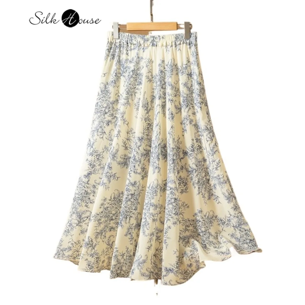 

Elegant 100% Natural Mulberry Silk Crepe De Chine Blue and White Porcelain Printed Women's Diagonal Cut Large Swing Skirt