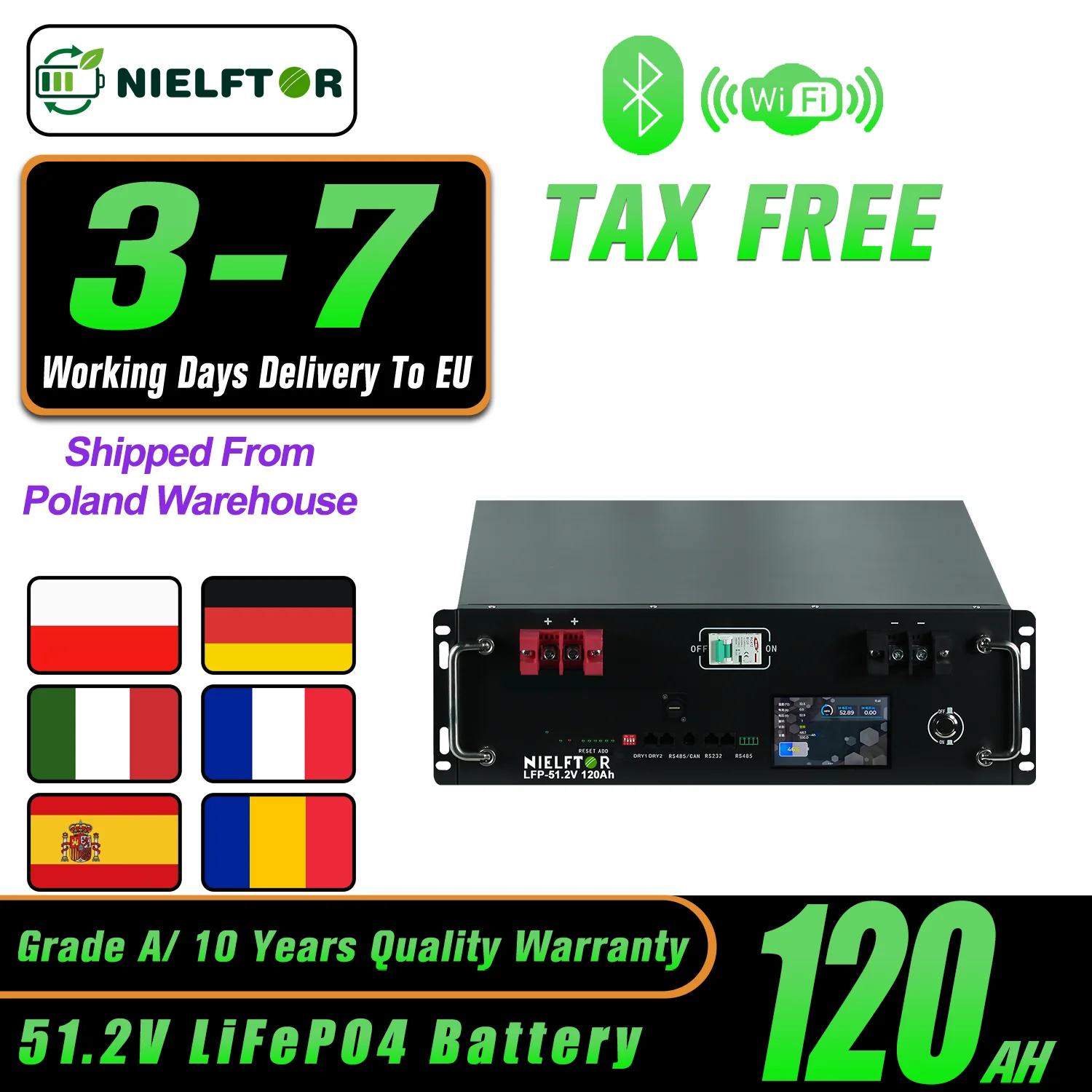 48V 120Ah 100Ah LiFePO4 Server-Rack Lithium-Batterie 51,2V 6KW 6144Wh Energiespeichersystem für Notstromversorgung zu Hause, Off-Grid, PL EU Lager