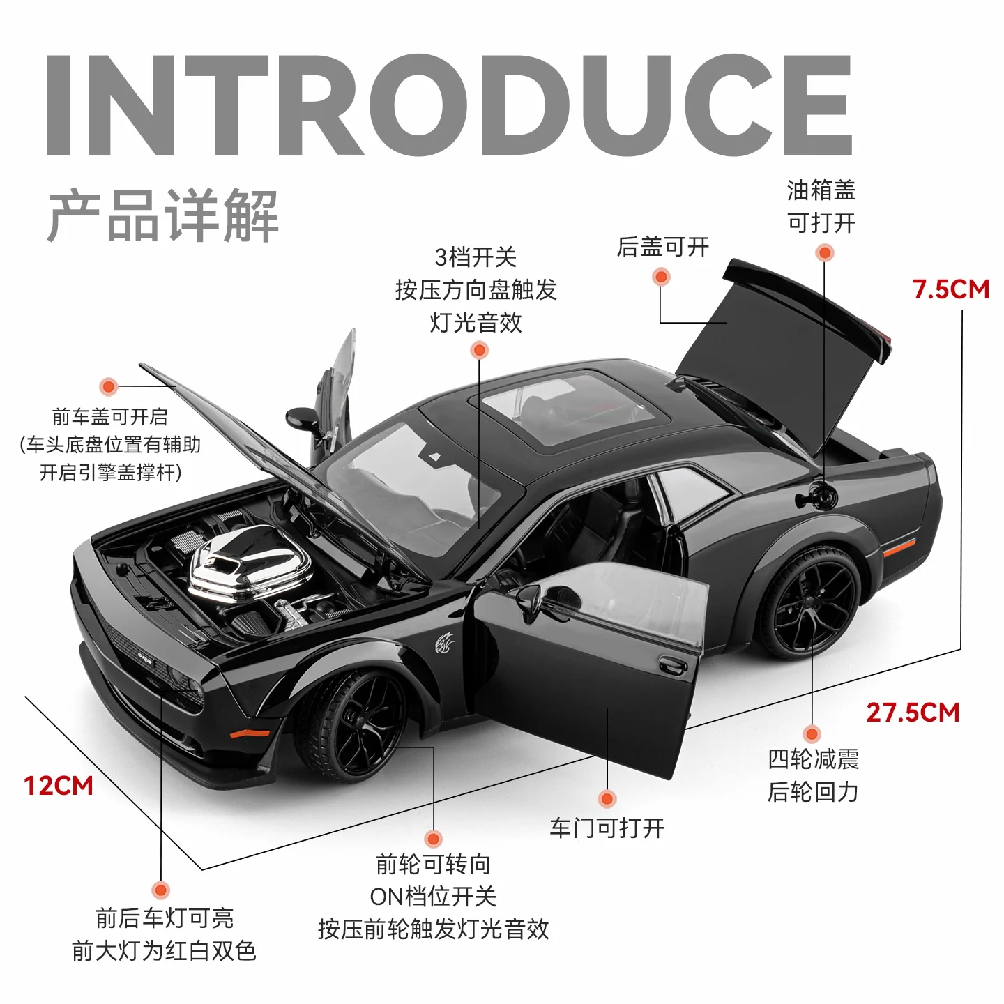 1:18 Challenger SRT Redeye Hellcat Muscle Car Alloy Metal Diecast Model Car Sound & Light Collectibles Ornaments