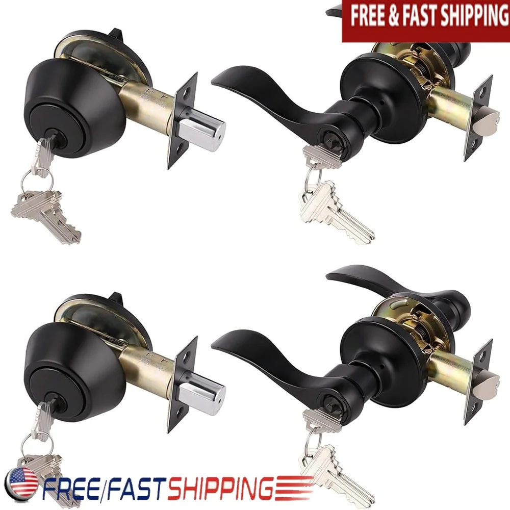 

2 Pack Matte Black Keyed Alike Door Levers Double Cylinder Deadbolts Lockset Anti Tampering High Security Durable Zinc Alloy