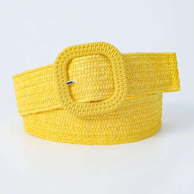 Women Jeans Buckle Belt Four Square 4cm Wide Korean Style Mori Candy Color Grass Woven Elastic All match Dress Yellow Blue 95*4