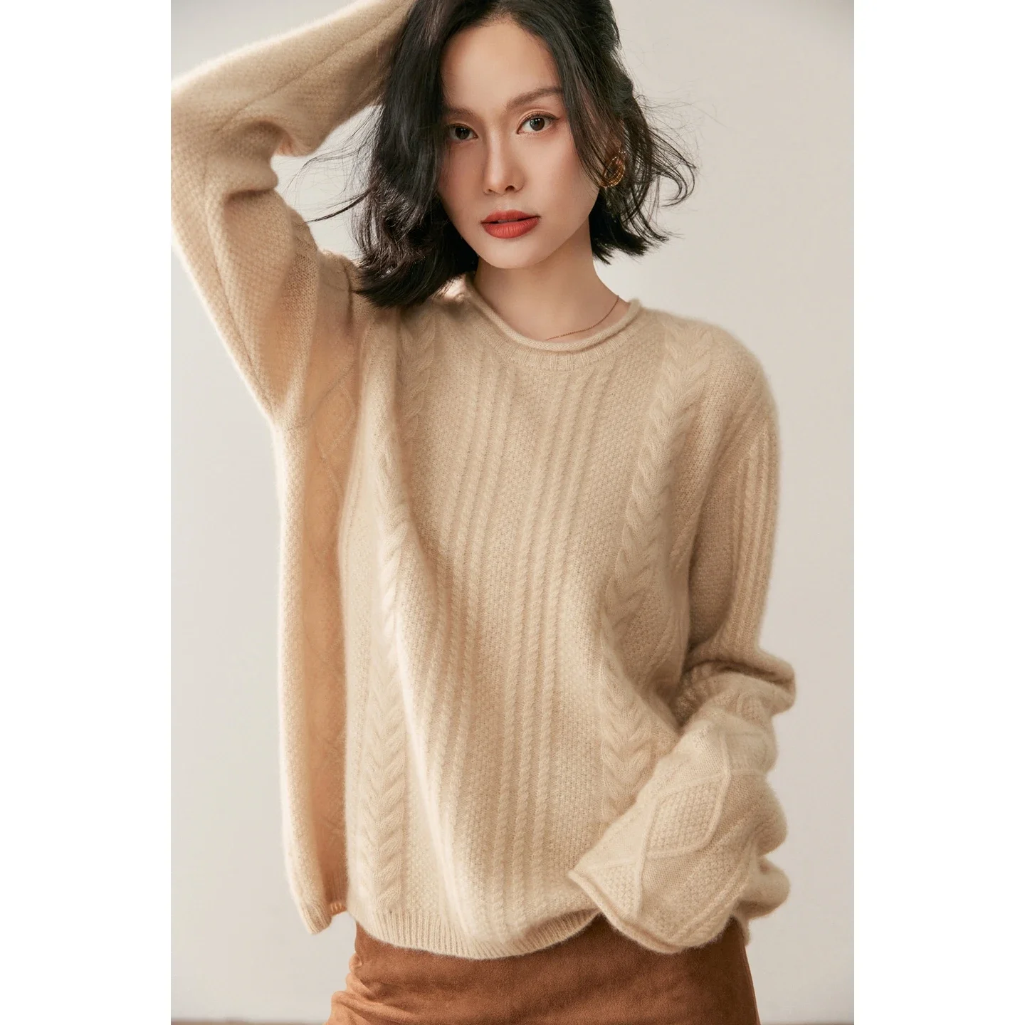 Autumn Winter Women's Sweater Pullover 100% Cashmere Sweater Loose O-Neck Jacquard Cozy Warm Clothing French Style Elegant Tops