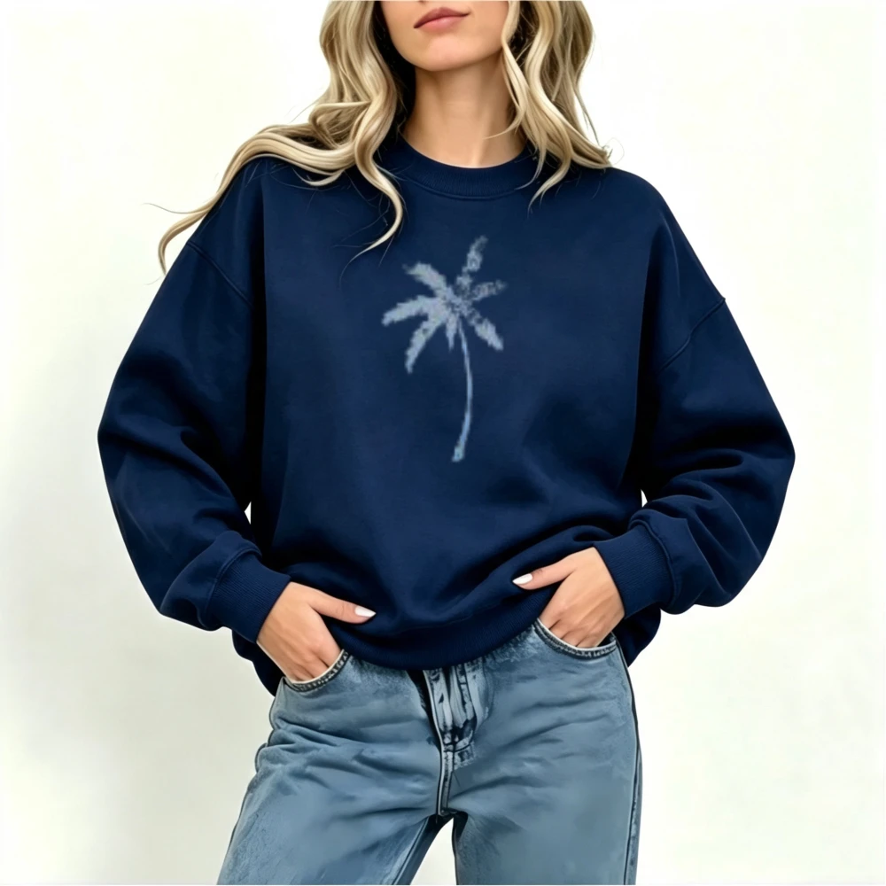 Palm Tree Print Sweatshirt Women Oversized Navy Long Sleeve Crew Neck Vintage Casual Fall Winter Daily Wear Girlfriend Wife Gift