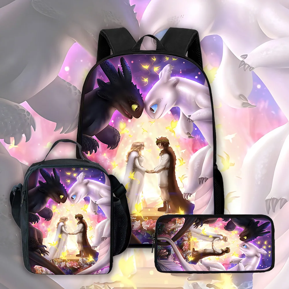 Cartoon Dragon Taming Boy Child School Backpack with Lunch Bags ,Pencil Bags ,School Bags for Boys Girls Best Gift