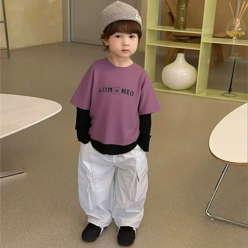 100% Cotton Autumn Solid Color Kids Crew Neck Top Baby Boy Casual Undershirt Fall Children Clothing